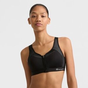 Champion Maximum Support Front Zip Sports Bra Black Gray 34DD Double Dry